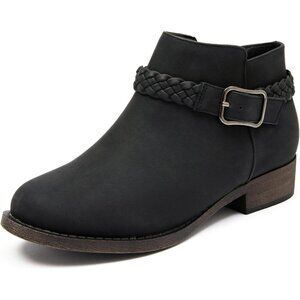 Veittes Women's Black Comfort Slip On Low Chunky Heel Boot with Buckle Strap